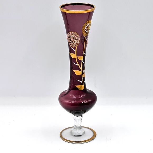Elegant Footed Pedestal Amethyst Glass Vase - VTG Hand Painted Art Nouveau Decor - Picture 4 of 9